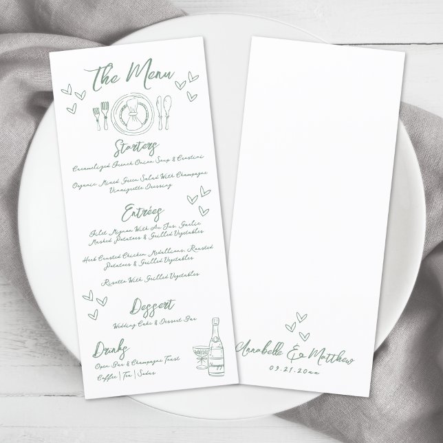 Handritad Grön Whimsical Bröllop Meny (Hand Drawn Green Whimsical Wedding Menu )
