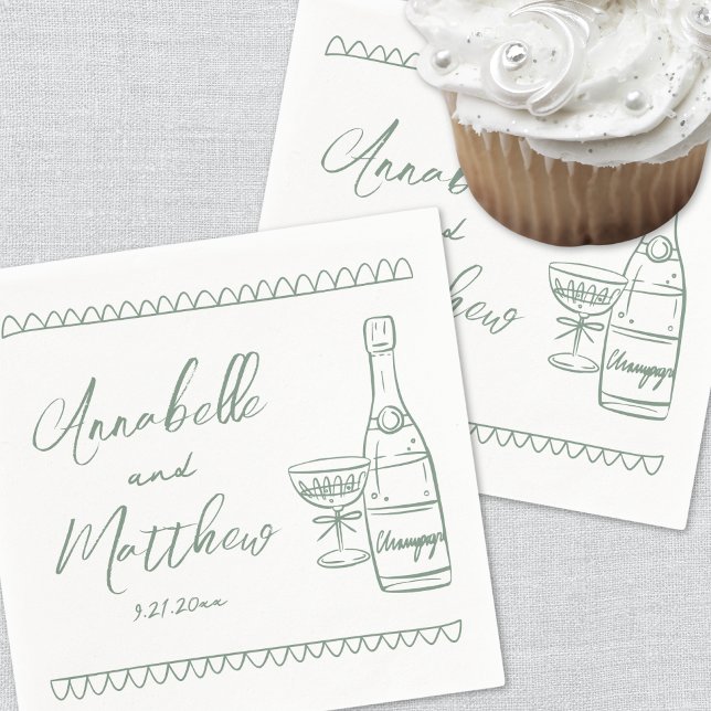 Handritad Grön Whimsical Bröllop Pappersservett (Hand Drawn Green Whimsical Wedding Napkins)