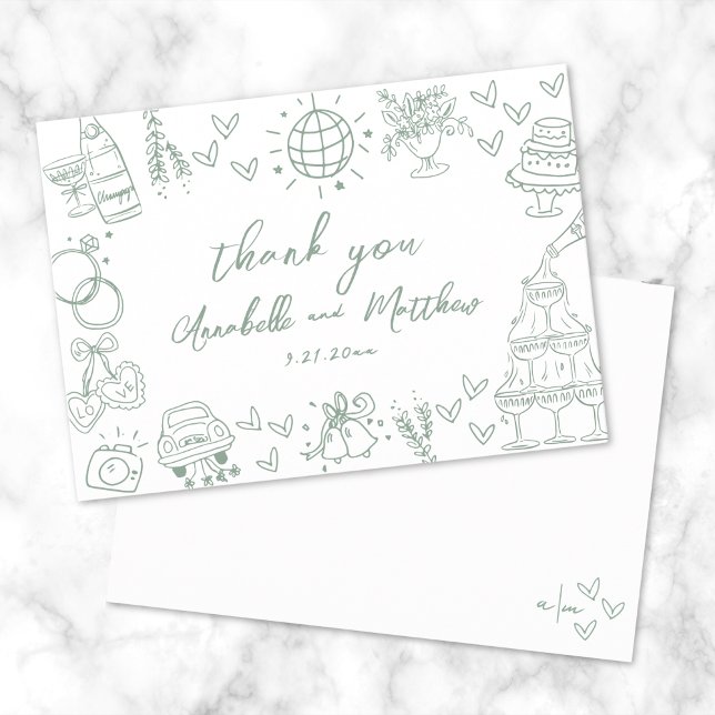 Handritad Grön Whimsical Bröllop Tack Kort (Hand Drawn Green Whimsical Wedding Thank You Card)