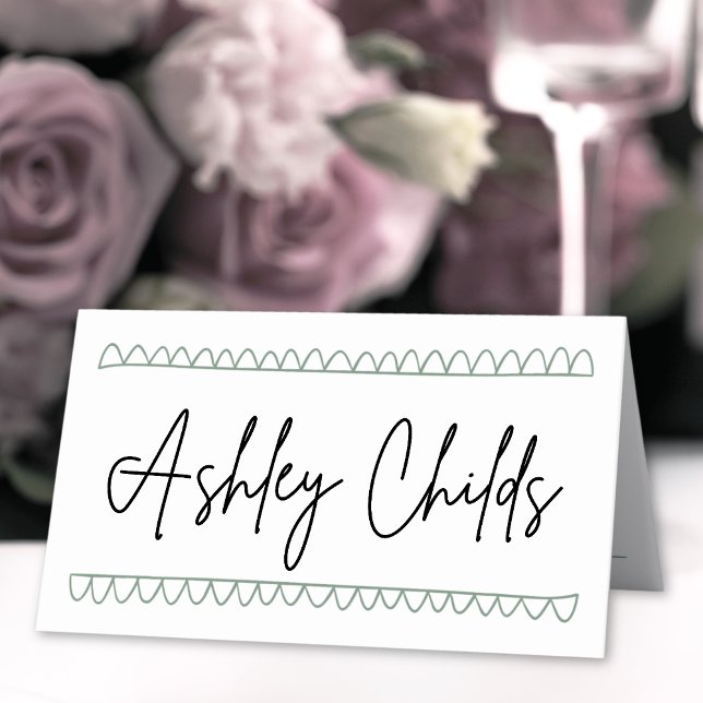 Handritad Grön Whimsical Namn Bröllop Placeringskort (Hand Drawn Green Whimsical Name Wedding Place Card)