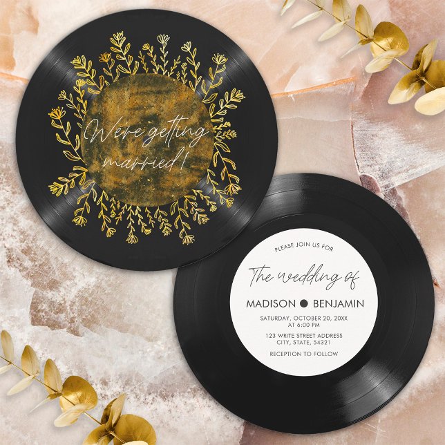 Handritad guld vildblomma vinyl LP-skiva bröllop Inbjudningar (Front/Back)