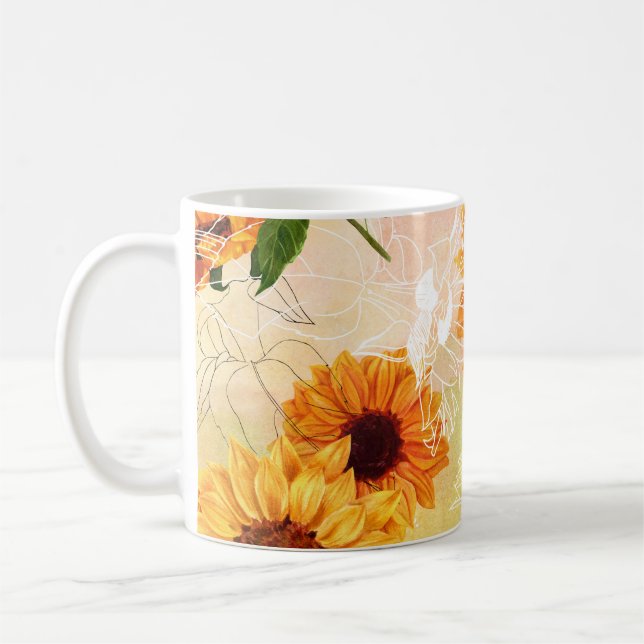 Handritad Gult Solblommor Watercolor Mönster Kaffemugg (Vänster)