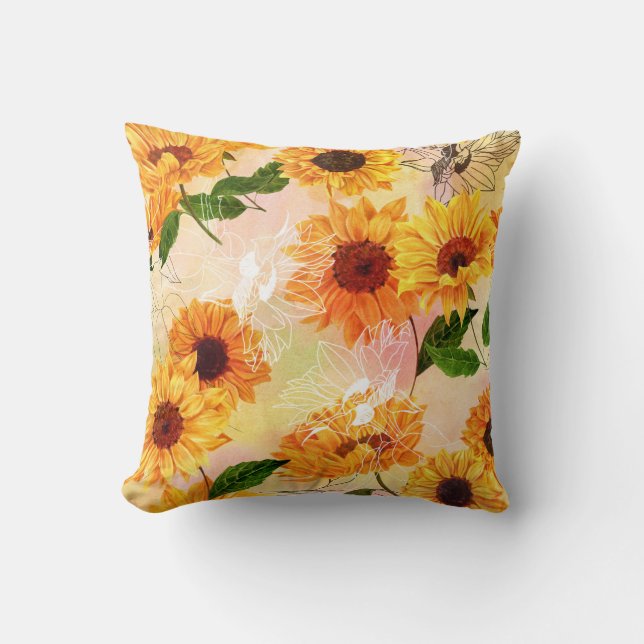 Handritad Gult Solblommor Watercolor Mönster Kudde (Framsida)