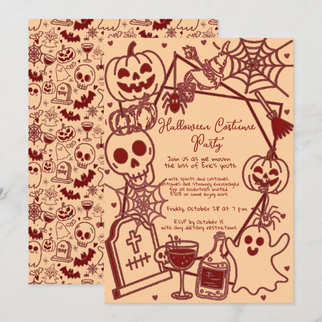 Handritad Halloween-kostym Födelsedagsfest Inbjudningar (Fram/baksida)