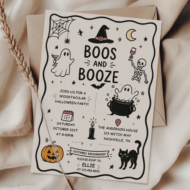 Handritad Halloweenfest med spöken och sprit Inbjudningar (Skapare uppladdad)