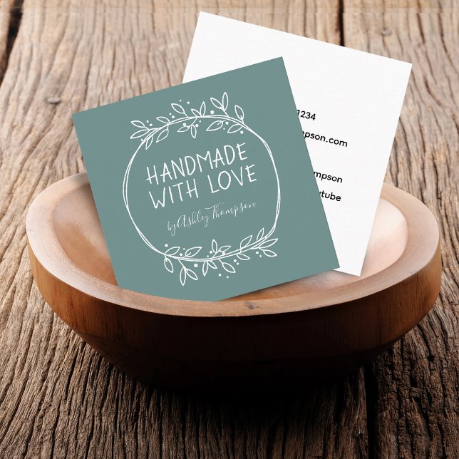 Handritad Handgjord Med Kärlek Turkos Fyrkantigt Visitkort (Hand Drawn Handmade With Love Teal Square Business Card)