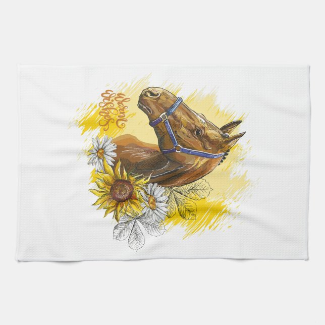 Handritad häst med växter och blommor kökshandduk (Horisontell)