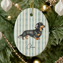Handritad husdjurporträtt Vattenfärg Dachshund Julgransprydnad Keramik