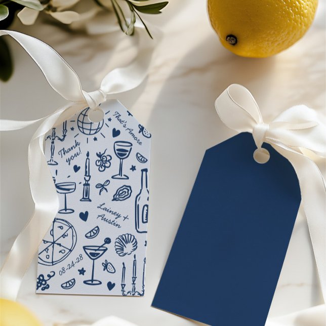 Handritad illustrerad Bröllop Tack Presentetikett (Minimalist Retro Blue Wedding Gift Tag)