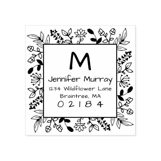 Handritad Infattad Blommig Returadress Monogram Stämpel (Tryck)