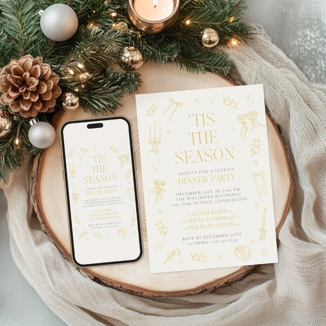 Handritad julfirande middagsfestinladan julkort (Hand Drawn Christmas Holiday Dinner Party Invite)