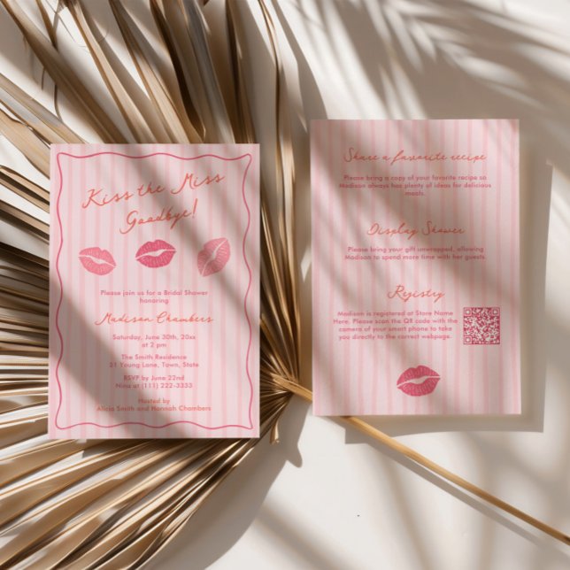 Handritad Kiss The Miss Goodbye Bröllopsdusch Inbjudningar (Modern Hand-Drawn Kiss The Miss Goodbye Bridal Shower invitation in shades of pink and orange)