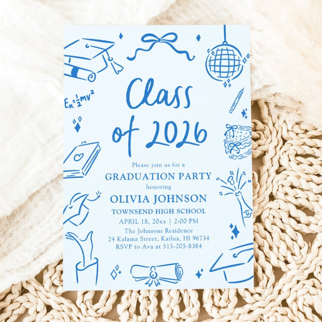 Handritad klass 2026 Blå examensfest Inbjudningar (Hand Drawn Class of 2026 Blue Graduation Party Invitation)