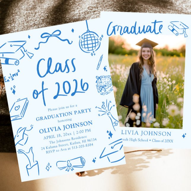 Handritad klass 2026 Blå examensfest Inbjudningar (Hand Drawn Class of 2026 Blue Graduation Party Invitation)