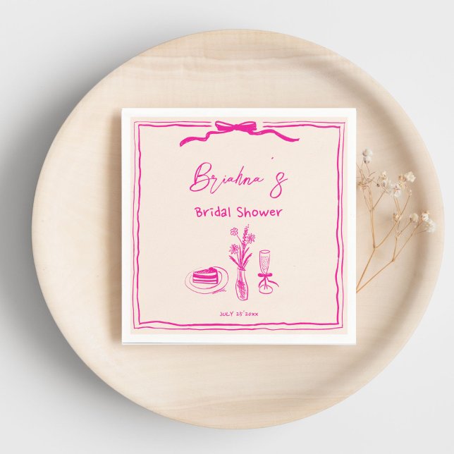 Handritad klotter retro rosa band bröllopsdusch pappersservett (Handdrawn scribble retro pink ribbon bridal shower template napkins personalized tableware decor)