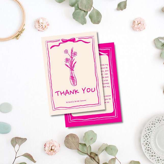 Handritad klotter retro rosa band bröllopsfest tack kort (Handdrawn scribble retro pink ribbon bridal shower thank you card handwriting font girl thank you )
