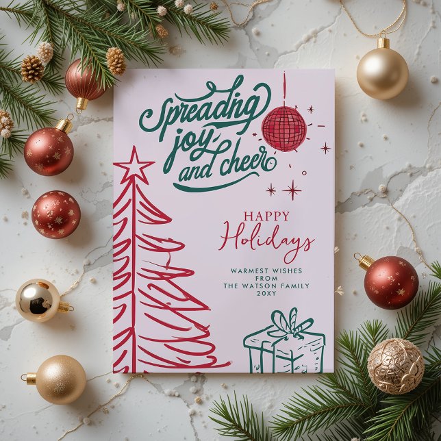 Handritad Klotter Röd Grön Rosa Jul Helg Vykort (Hand Drawn Doodle Red Green Pink Christmas Holiday Card)