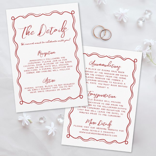 Handritad Klotter Röd Whimsical Bröllopsdetaljer Tilläggskort (Hand Drawn Doodle Red Whimsical Wedding Details Enclosure Card)