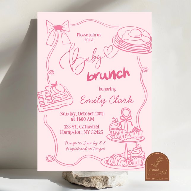 Handritad klotter rosa babybrunch-inbjudan inbjudningar (Skapare uppladdad)