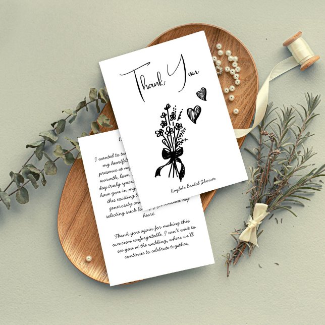 Handritad klotter skiss minimalistisk tack (Hand drawn scribble sketch minimalist black and white handwriting bridal shower thank you cards)