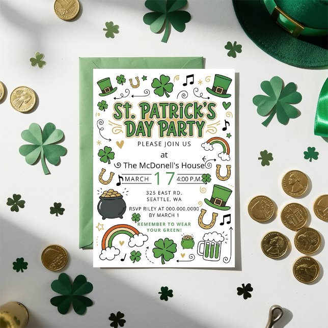 Handritad Klotter Whimsical St Patricks Day  Inbjudningar (Hand Drawn Doodle Whimsical St Patricks Day Invitation)
