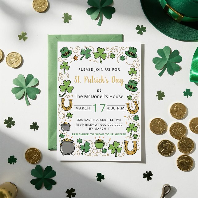 Handritad Klotter Whimsical St Patricks Day  Inbjudningar (Hand Drawn Doodle Whimsical St Patricks Day Invitation)