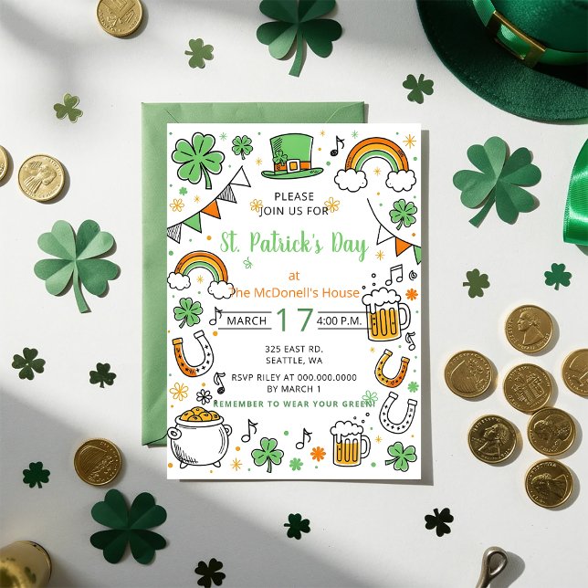 Handritad klotter Whimsical St Patricks Day  Inbjudningar (Hand Drawn Doodle Whimsical St Patricks Day Invitation)