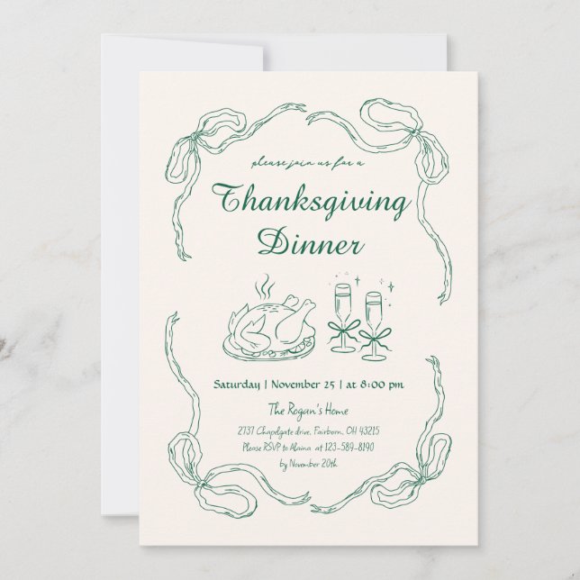 Handritad klotter Whimsical Thanksgiving-middag Inbjudningar (Framsida)