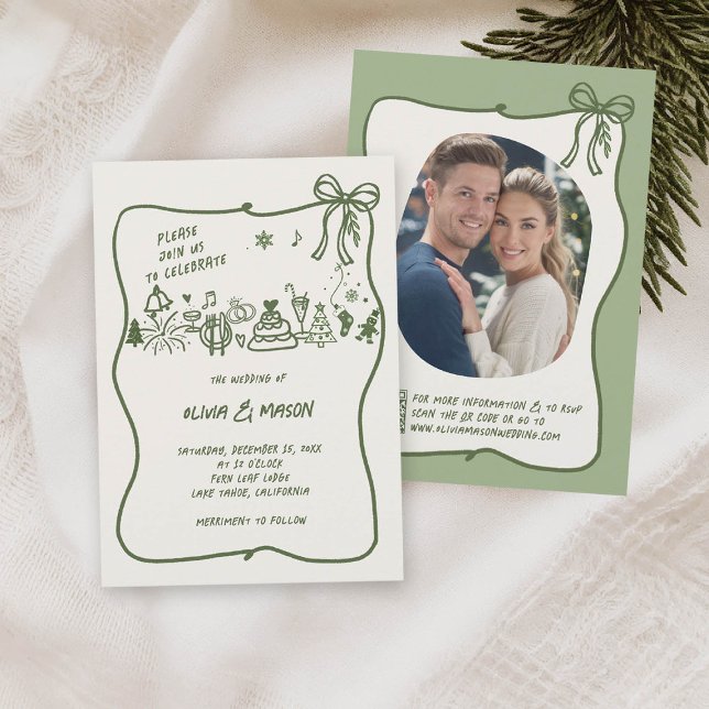Handritad klotterram Bågvisdom Vinter QR Bröllop Inbjudningar (HAND DRAWN winter wedding squiggle frame bow doodle illustration sage green qr code)