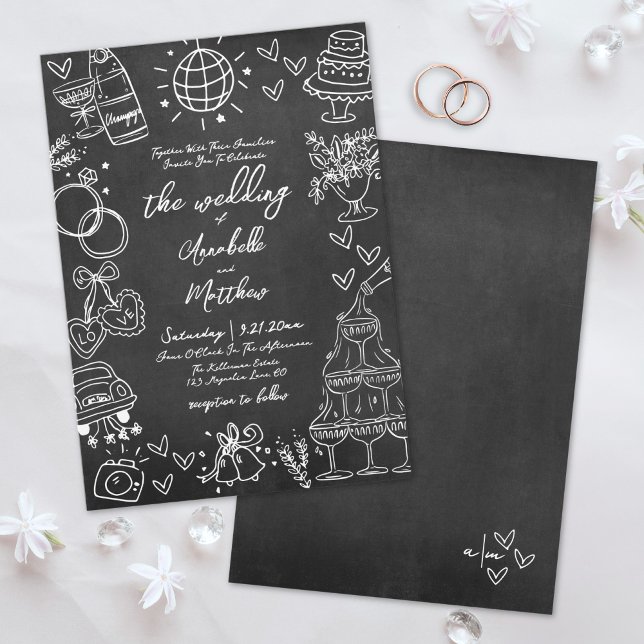 Handritad Krittavla Whimsical Bröllop Inbjudningar (Hand Drawn Quirky Chalkboard Whimsical Wedding Invitation)