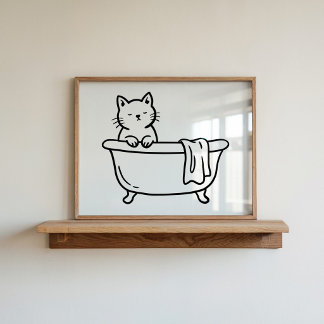 Handritad linje konst Katt i badkar Badrum Konst Poster