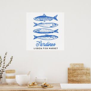 Handritad Lisboa Fiskmarknad Sardiner Poster