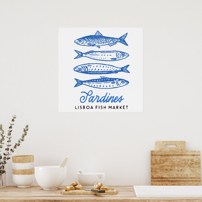 Handritad Lisboa Fiskmarknad Sardiner Poster (Kök)