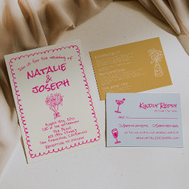 Handritad livfull rosa retro funky sällsam bröllop inbjudningar