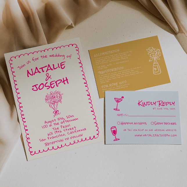Handritad livfull rosa retro funky sällsam bröllop inbjudningar (Skapare uppladdad)