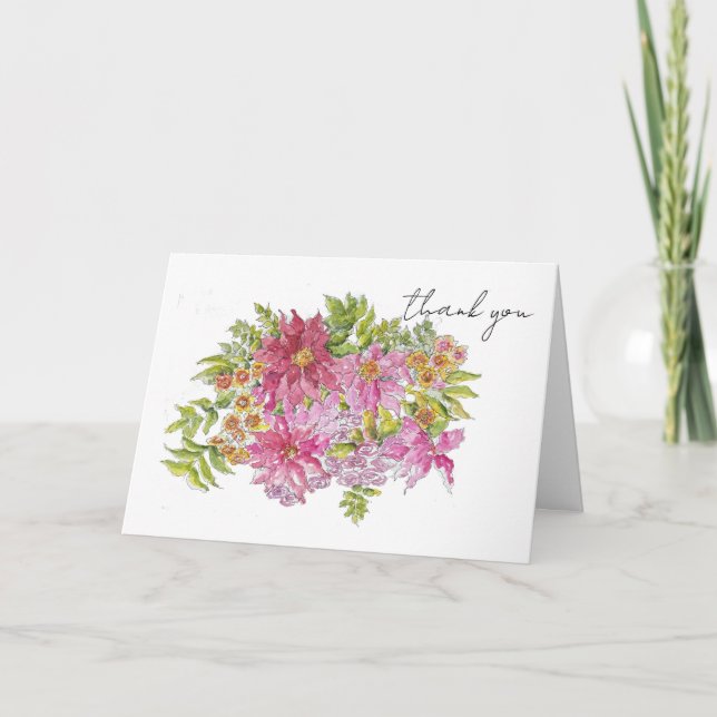 Handritad ljusrosa blomsterbukett skiss tack kort (Framsida)