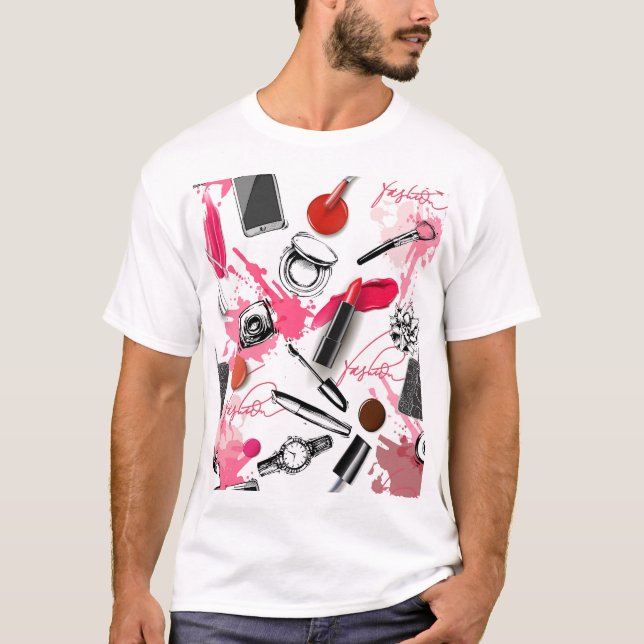 Handritad makeup, vintage grafik mönster. t shirt (Framsida)