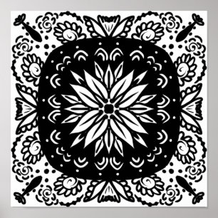 Handritad Mandala Klotter Konst Svart Vitt Poster