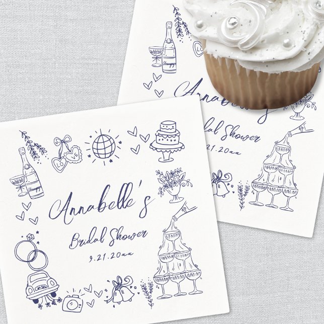 Handritad marinblå fantasifull bröllopsdusch pappersservett (Hand Drawn Navy Blue Whimsical Bridal Shower Napkins)