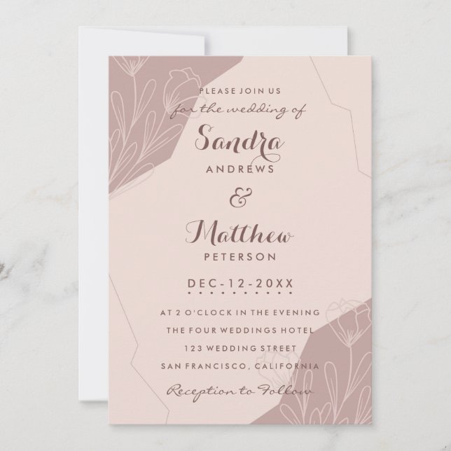 Handritad mauve rosa kräm elegant blommande bröllo inbjudningar (Framsida)