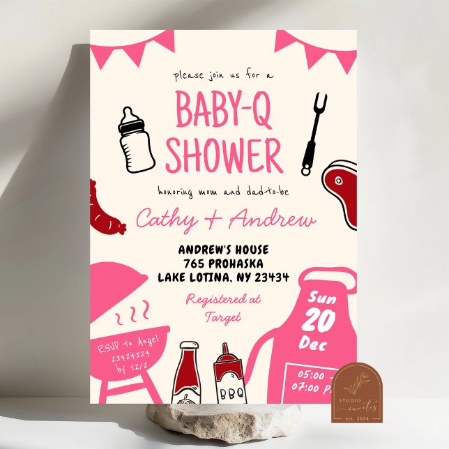 Handritad minimalistisk BaByQ-flicka Bebisens anko Inbjudningar (Skapare uppladdad)