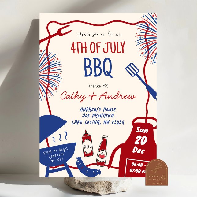 Handritad minimalistisk BBQ 4:e juli BBQ  Inbjudningar (Skapare uppladdad)