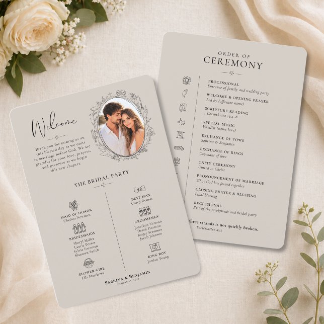 Handritad Minimalistisk Bröllopsprogram Program (Hand Drawn Wedding Program with Photo)