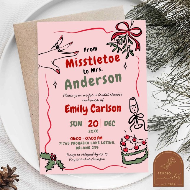 Handritad Misteltoe till Mrs Bow Bröllopsfest Inbjudningar (Skapare uppladdad)