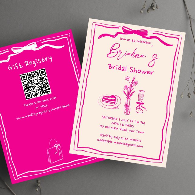 Handritad möhippa för band för återrullning av ros inbjudningar (Handdrawn scribble retro pink ribbon bridal shower invitation template with qr registry digital)