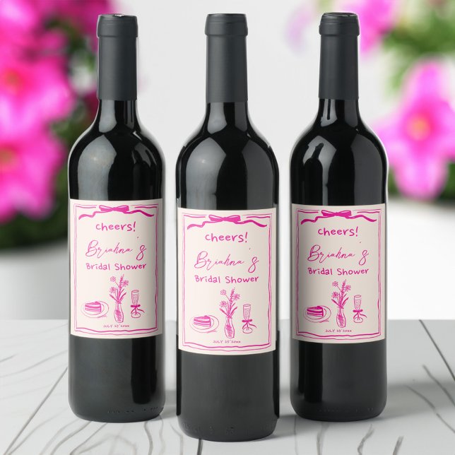 Handritad möhippa för band för återrullning av ros vinflaska etikett (Handdrawn scribble retro pink ribbon bridal shower wine label handwriting simple minimalist )