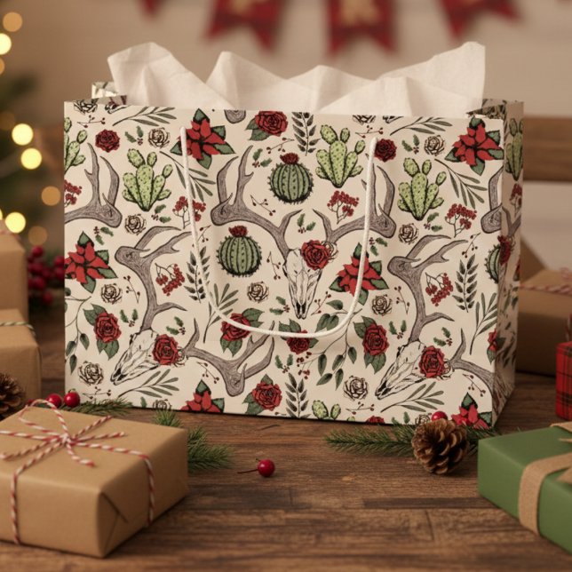 Handritad Mörk Blommig Ren Skalle Gotisk (Country Xmas Gothic Reindeer Skulls, Roses, Succulents, Cacti, Berries Western Christmas Gift Bags)