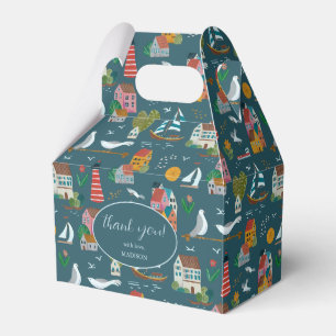 Handritad nautisk blå pojke baby shower tack presentaskar