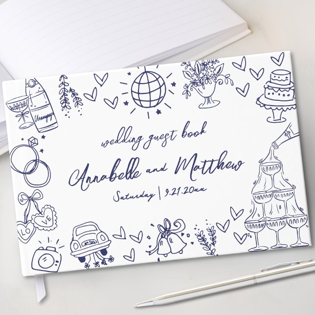 Handritad Nyckfull Marinblå Bröllop Gästböcker (Hand Drawn Whimsical Navy Blue Wedding Guest Book)