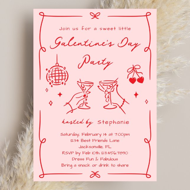 Handritad Nyckfullhet Rosa & Röd Galentine's Day-f Inbjudningar (Skapare uppladdad)